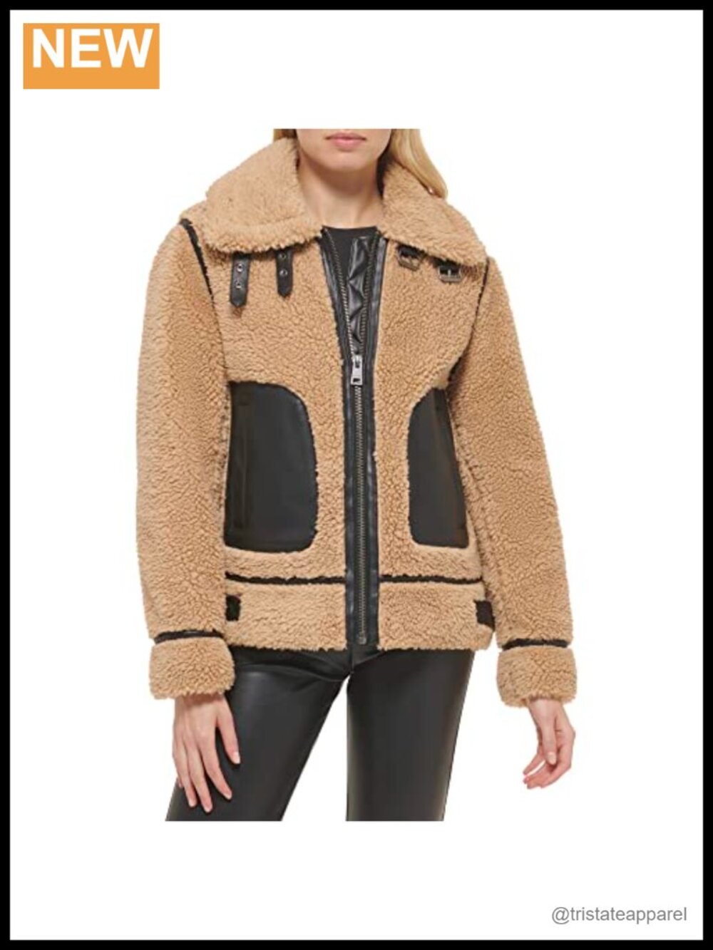 Women's Sherpa Moto Jacket with Faux Leather Details - Quilted Lining